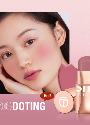 A close-up image of a person with a pink blush on their cheeks, alongside a stick blush labeled 'O.TWO.