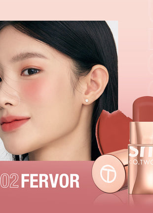 A close-up image of a person with a pink blush on their cheeks, alongside a stick blush labeled 'O.TWO.
