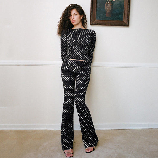 Polka Dot Bootcut Pants Stretch Slim-fit Top Two-piece Set