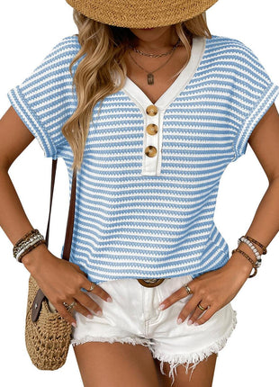Summer V-neck Patchwork Button Pullover Short Sleeve Shirt