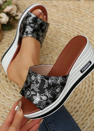 Stylish Flora Peep Toe Wedge Mule