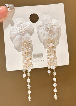Long Fringed Pearl Flower Stud Earrings