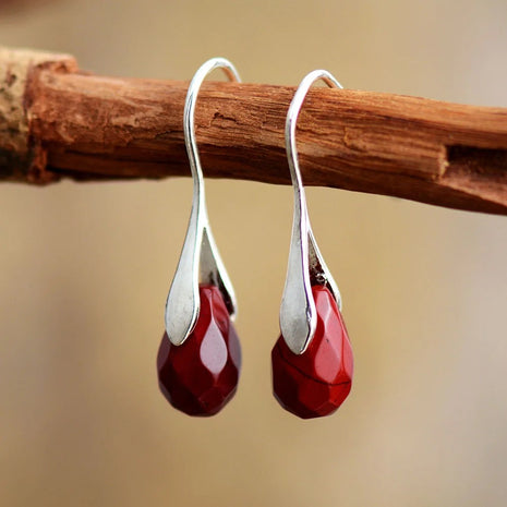 Retro Natural Coral Amethyst Cut Drop Shape Earrings