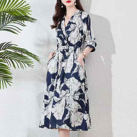 New Waist-controlled Lace-up Mid Sleeve V-neck Dress