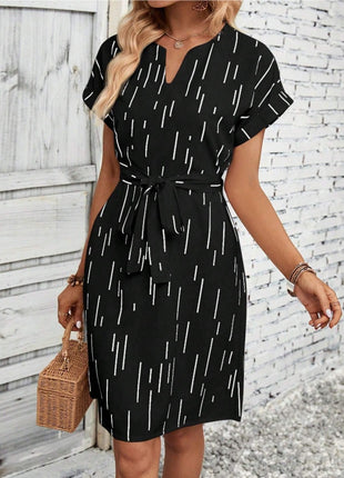 Slotted Neckline Batwing Sleeve Belt Dress