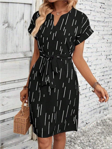 Slotted Neckline Batwing Sleeve Belt Dress