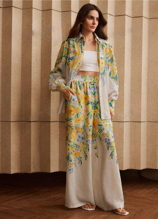 Casual Fashion Floral Print Women Blouse And Pants Suit