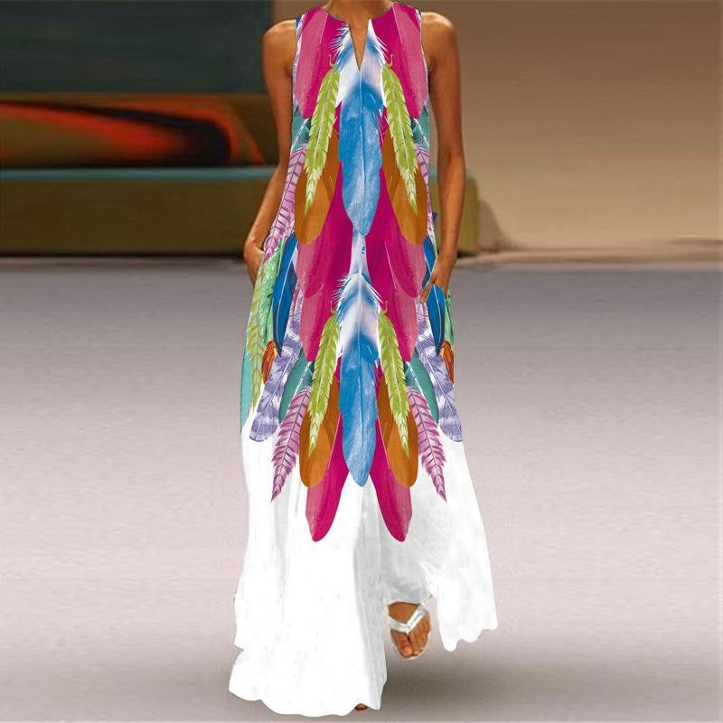 Digital Printed V-neck Sleeveless Maxi Dress