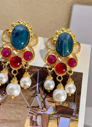 Pearl Red & Blue Crystal Earrings