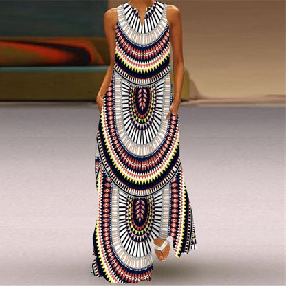 Digital Printed V-neck Sleeveless Maxi Dress