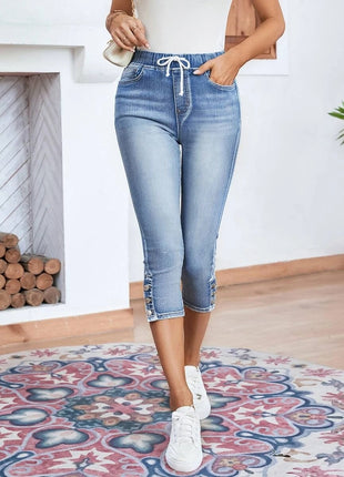 Elastic Waistband Lace-up Stretch Jeans