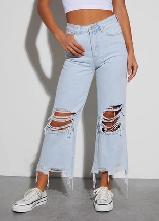Casual Loose Mid Waist Ripped Cropped Jeans