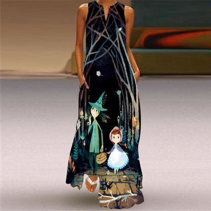 Digital Printed V-neck Sleeveless Maxi Dress