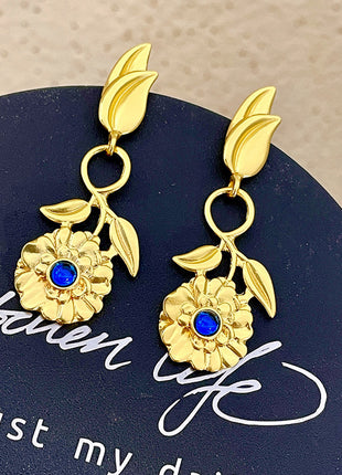 Golden Flower Blue Crystal Earrings