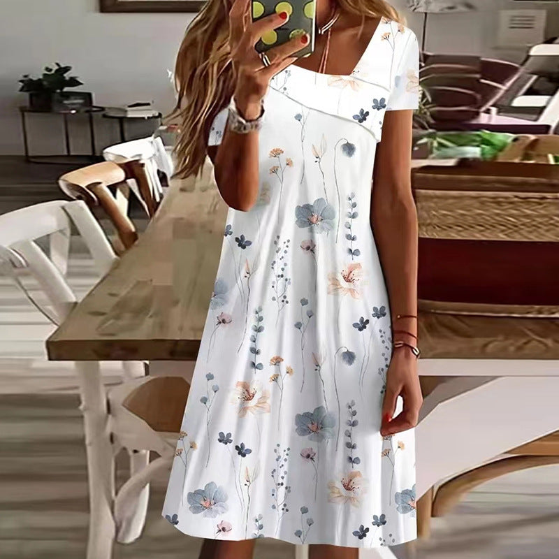 Cute Printed Multi-color Elastic Short Sleeve Dress