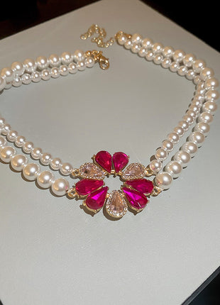 Rhinestone Pearl Flower Necklace & Earrings Combination