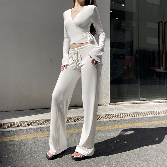 Cross V-neckline Blouse Low Waist Fleece-lined Pants Set