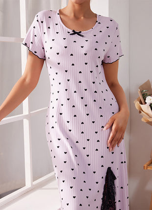 Round Neck Short Sleeve Love Slit Mid-Length Homeware