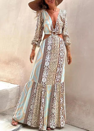 Midriff V-neck Lace Long Sleeve Dress