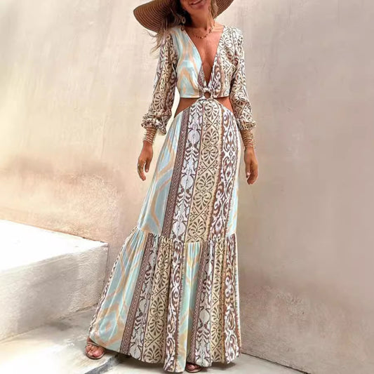 Midriff V-neck Lace Long Sleeve Dress
