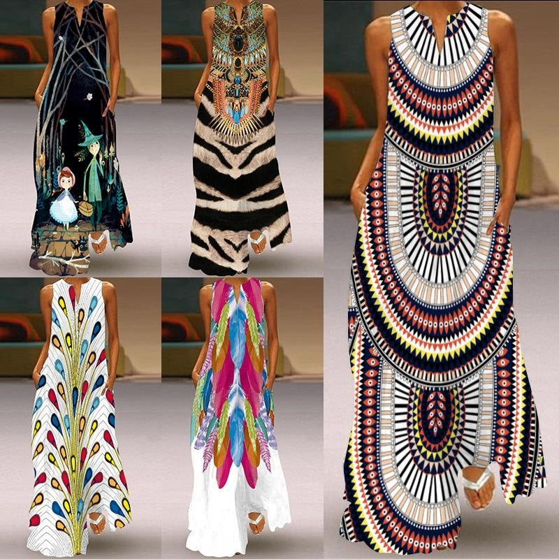 Digital Printed V-neck Sleeveless Maxi Dress