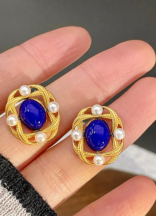 White Pearl & Blue Crystal Earrings