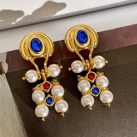 Pearls Blue & Red Crystal Earrings