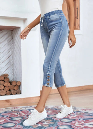 Elastic Waistband Lace-up Stretch Jeans