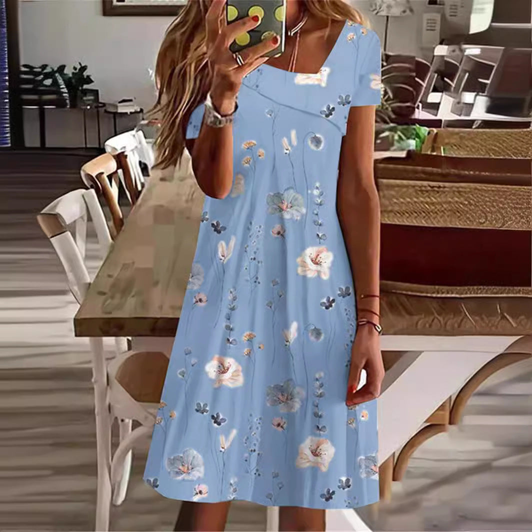 Cute Printed Multi-color Elastic Short Sleeve Dress