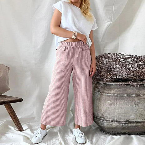 Loose Striped Cotton and Linen Wide-leg Pants