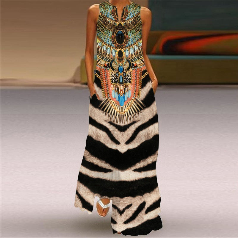 Digital Printed V-neck Sleeveless Maxi Dress