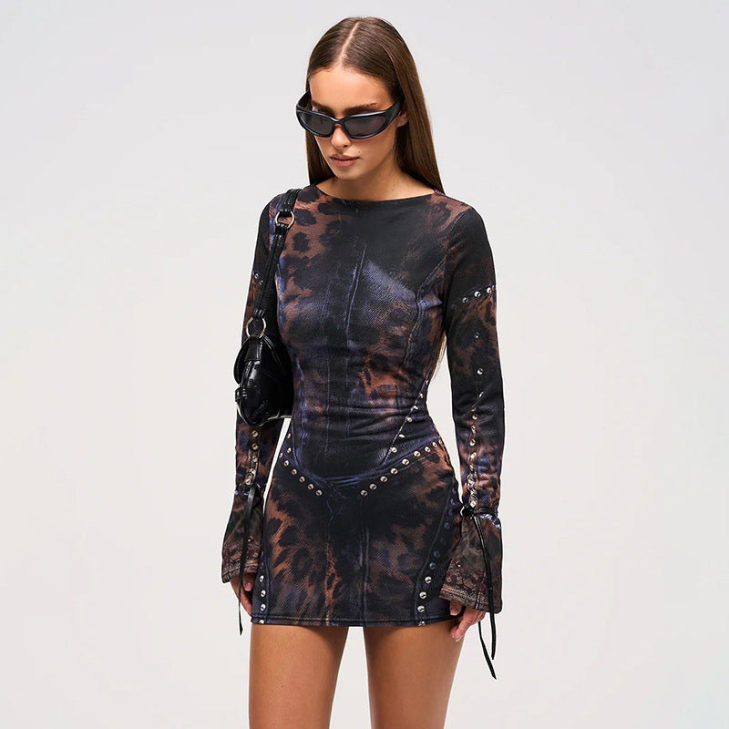 Leopard Metal Buckle Short Dress