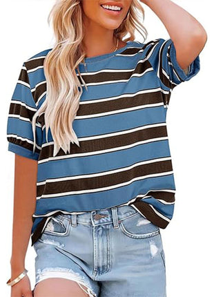 Round Neck Mosaic Large Striped Loose Shirt