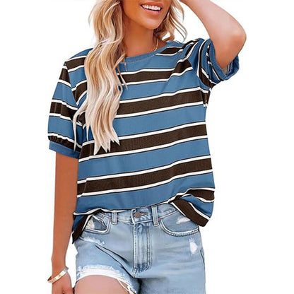 Round Neck Mosaic Large Striped Loose All-matching Shirt