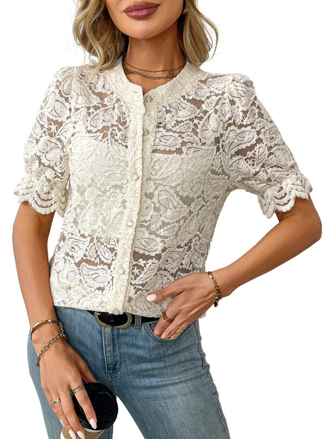 Casual Summer Lace Short Sleeve Button Shirt