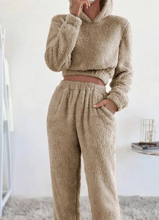 Autumn And Winter Plush Hooded Long Sleeve Pants Suit Set