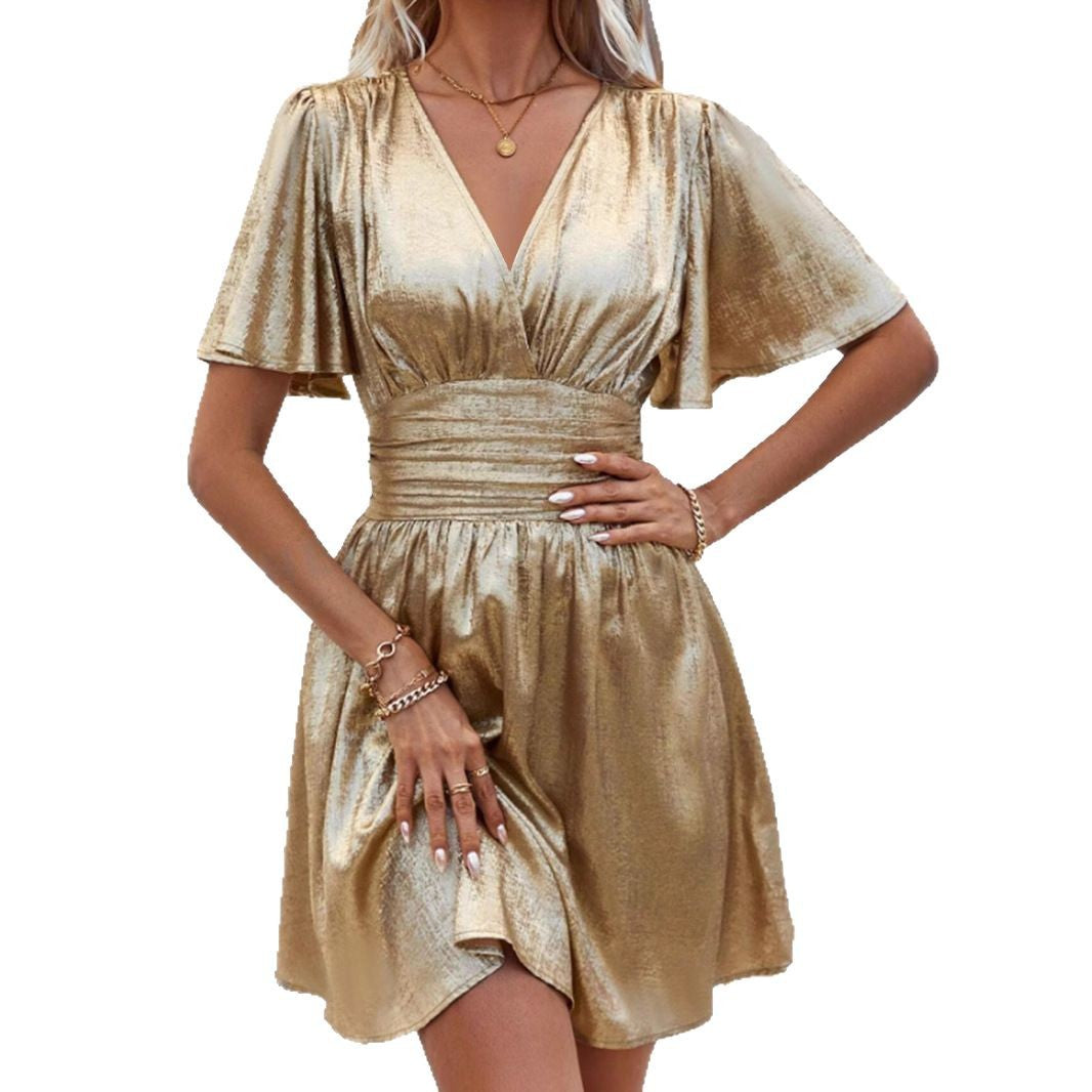 Deep V-neck Ruffle Smocking Dress