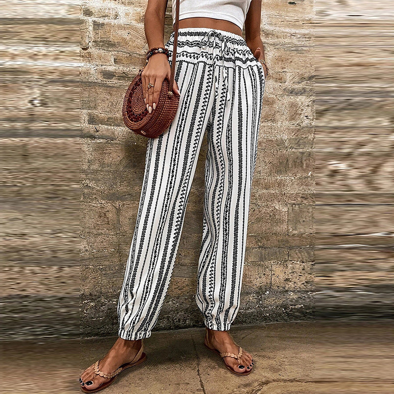 Striped Floral Print Casual Trousers