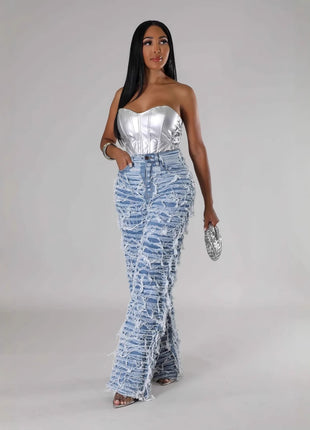 High Waist Edging Ripped Tassel Loose Denim Straight-leg Jeans