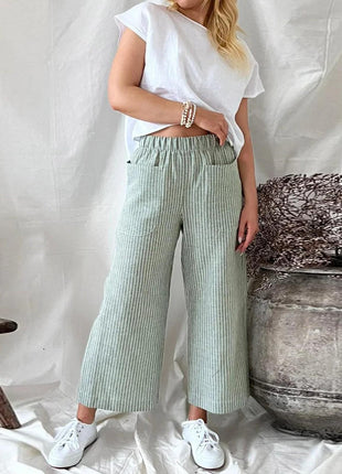 Loose Striped Cotton and Linen Wide-leg Pants