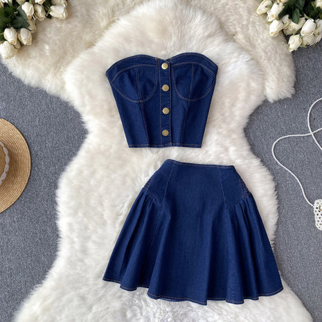 Denim Tube Top High Waist A- Line Skirt Two-piece Set