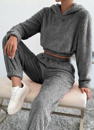 Autumn And Winter Plush Hooded Long Sleeve Pants Suit Set