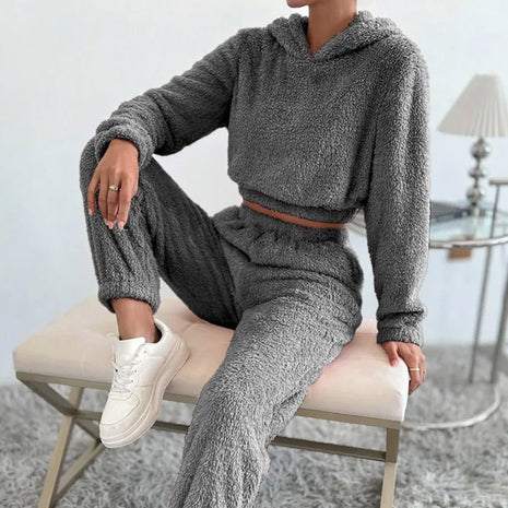 Autumn And Winter Plush Hooded Long Sleeve Pants Suit Set