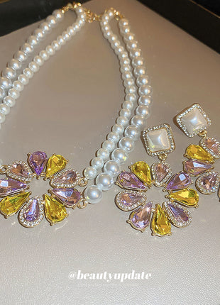 Rhinestone Pearl Flower Necklace & Earrings Combination