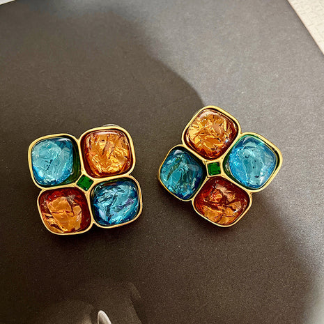 Square Orange & Blue Crystal Earrings