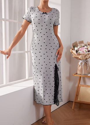 Round Neck Short Sleeve Love Slit Mid-Length Homeware