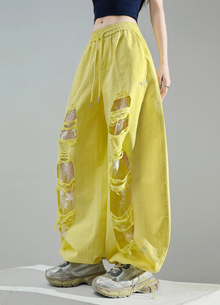 Ripped Lace Stitching Wide-Leg Casual Pants