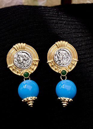 Round Coin Blue Crystal Earrings