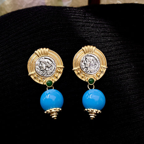 Round Coin Blue Crystal Earrings