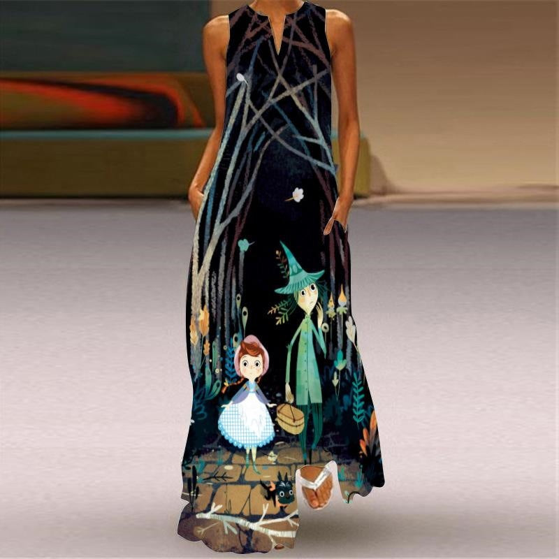 Digital Printed V-neck Sleeveless Maxi Dress